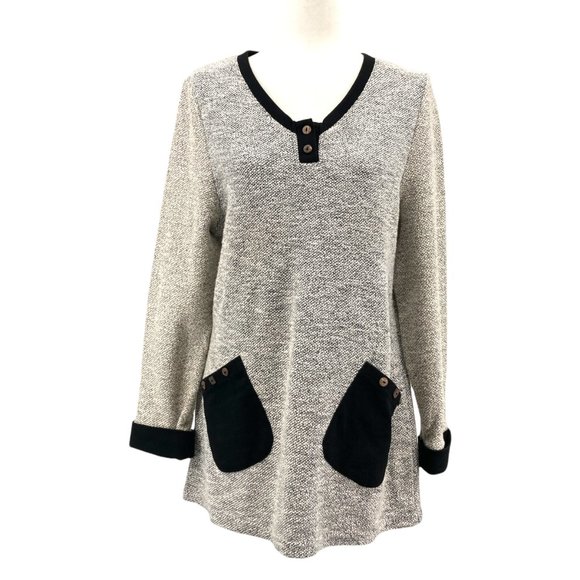 Neutral A-Line Henley Tunic Sweater w/Black Contrast Trim & Patch Pockets - Picture 1 of 9